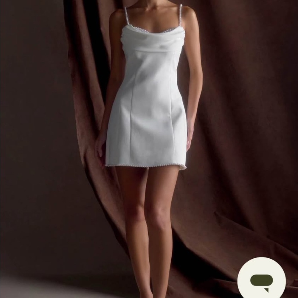 Meshki White Mini Slip Dress with Pearl-Trim Straps